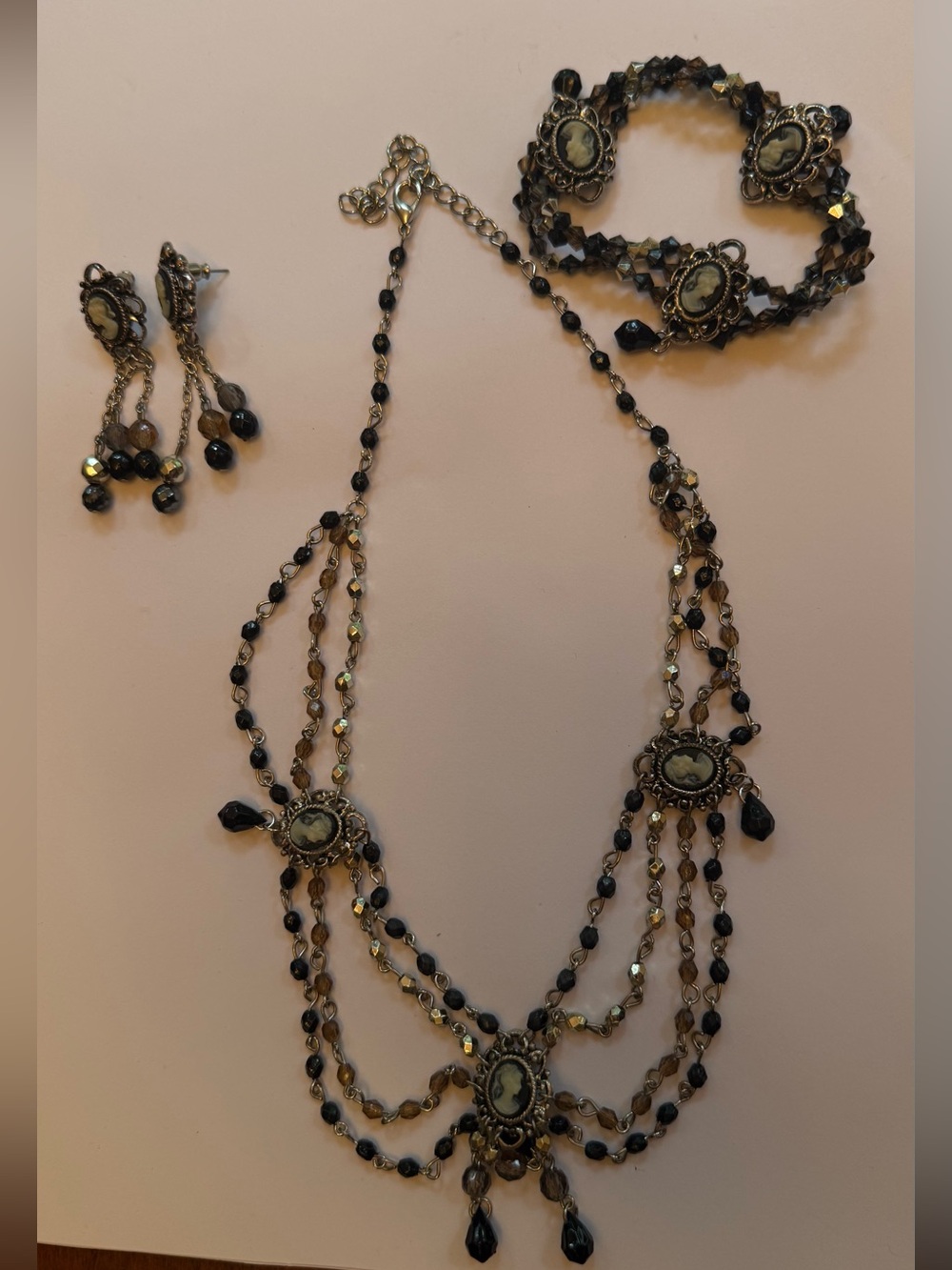 Vintage Cameo Jewelry Set Necklace Bracelet Earrings Victorian Revival
